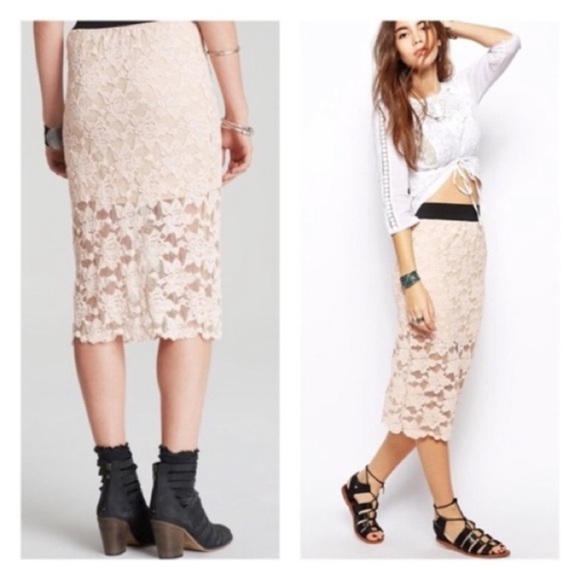 Free People Womens Lace Midi Skirt Size XS Blush Pink Lined Pull On - Picture 6 of 6
